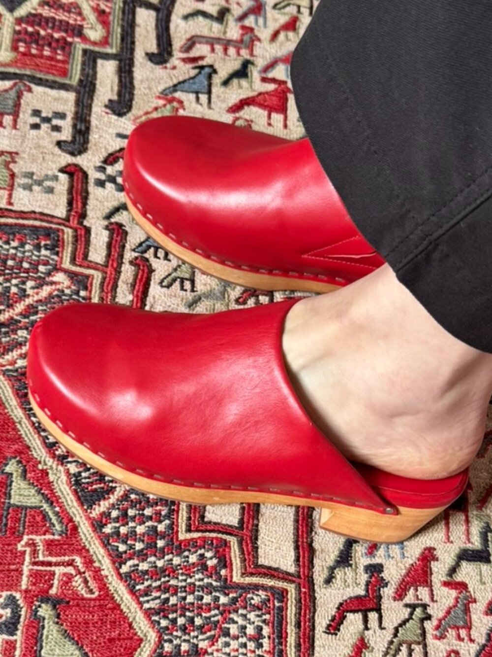 Charlotte Stone Red Leather Wooden Clogs Mules Size 9